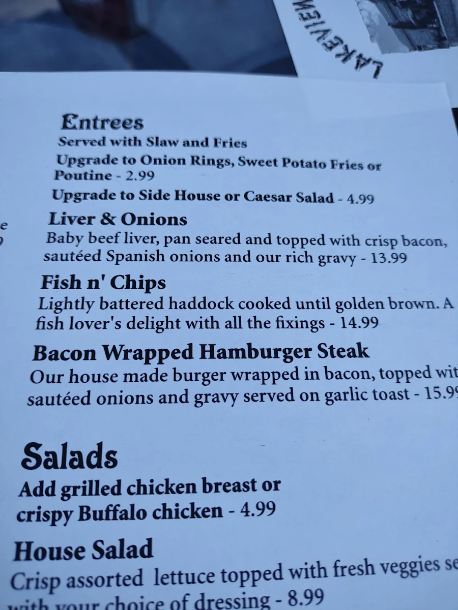 Menu, Lakeview Tavern & Restaurant
