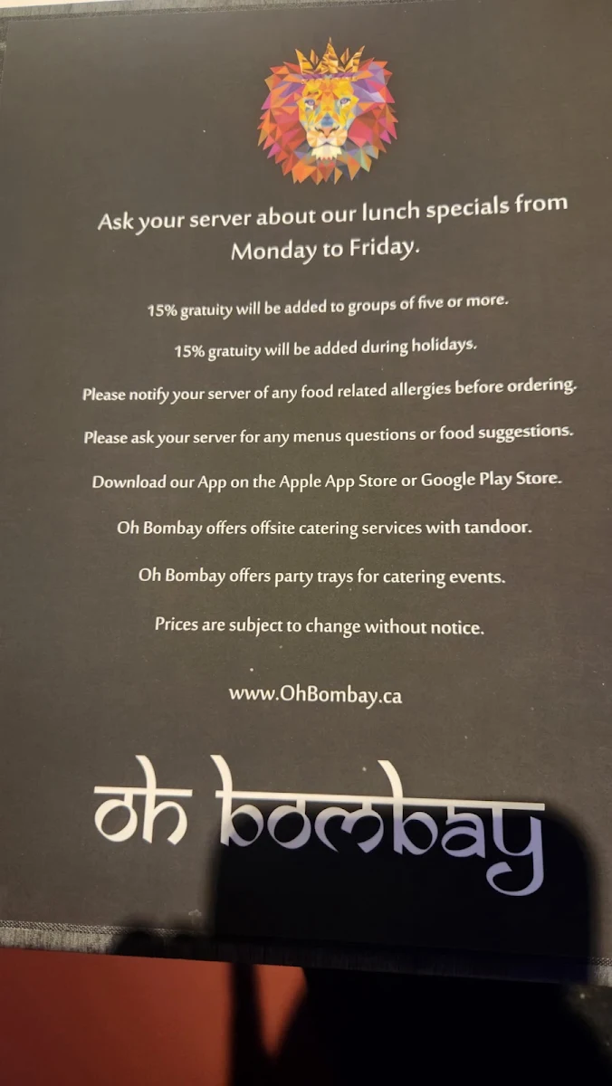 Menu, Oh Bombay