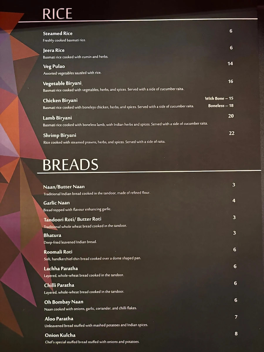 Menu, Oh Bombay