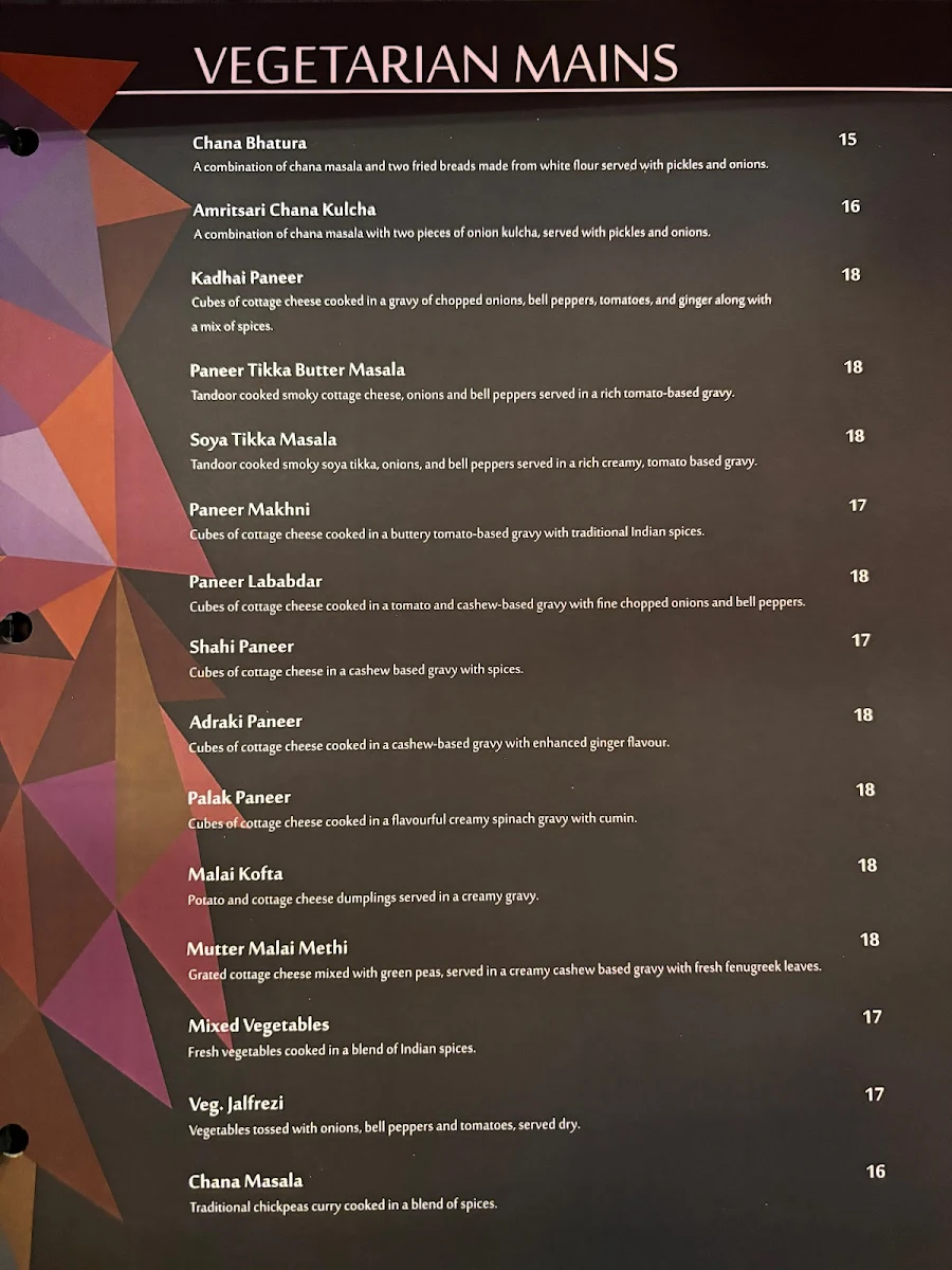 Menu, Oh Bombay