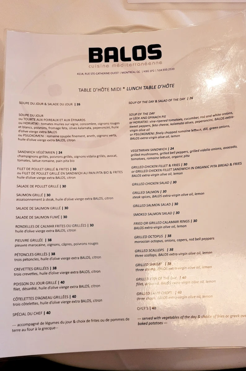 Menu, BALOS