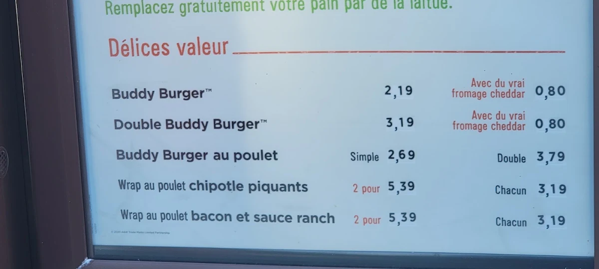 Menu, A&W Canada