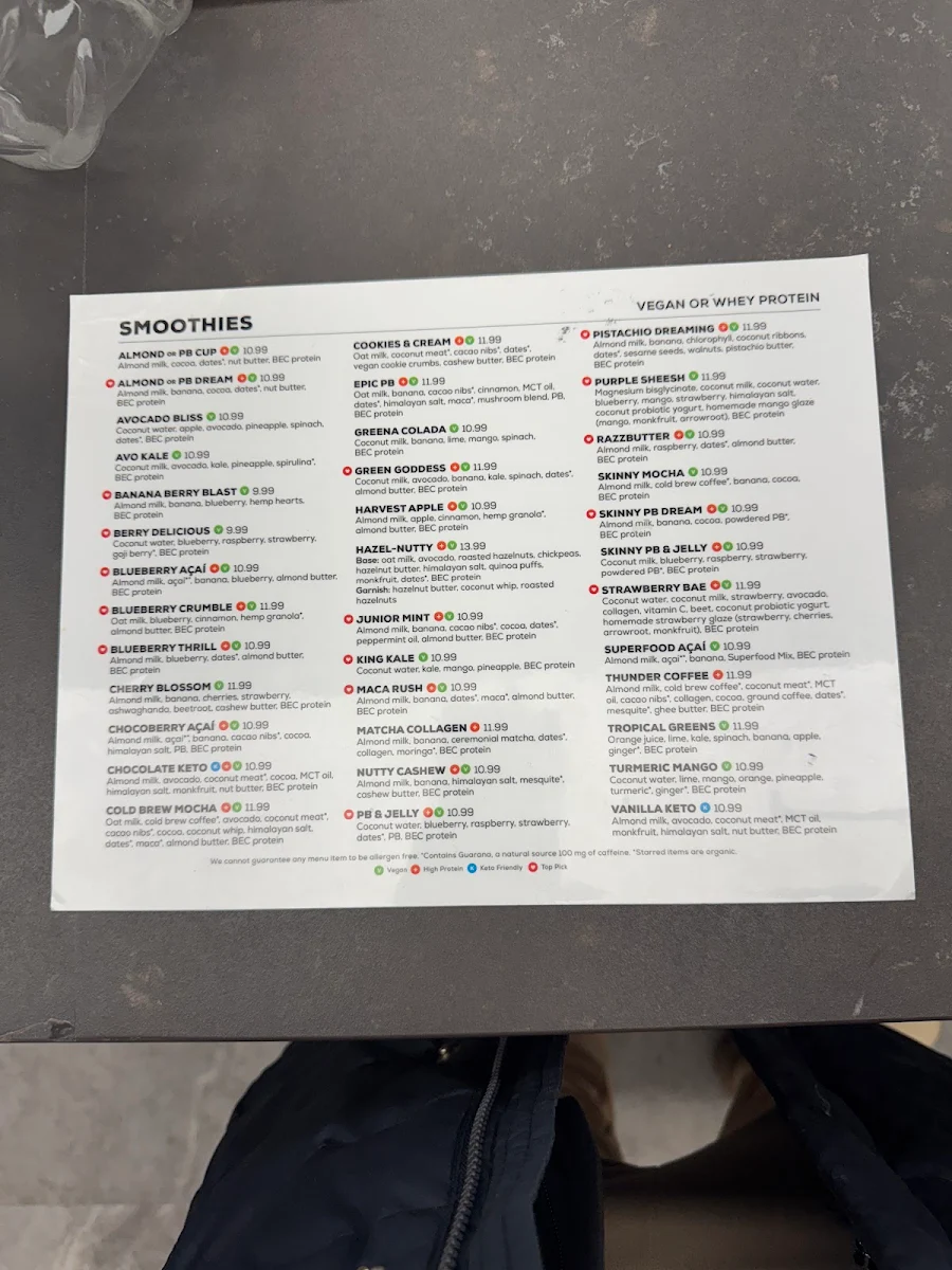 Menu, Body Energy Club