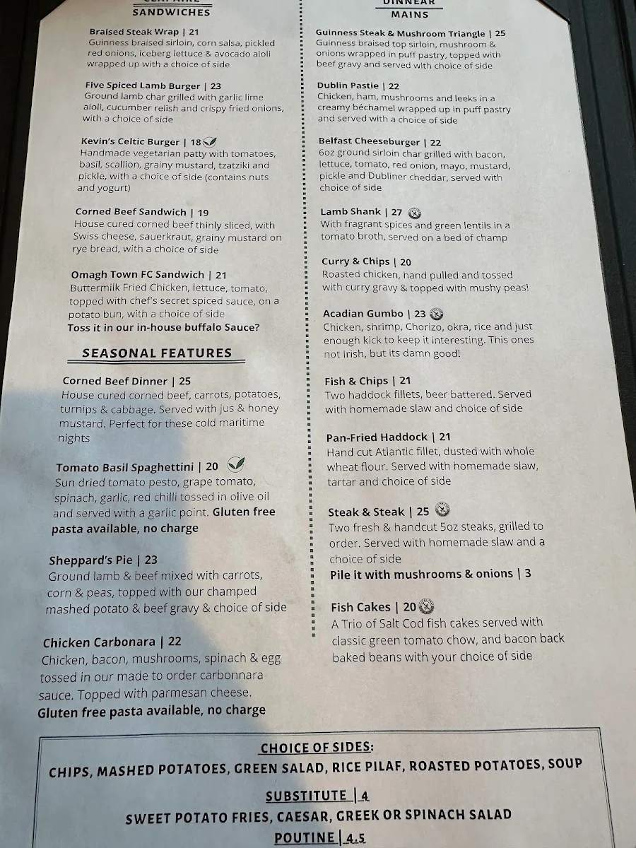 Menu, The Old Triangle Irish Alehouse