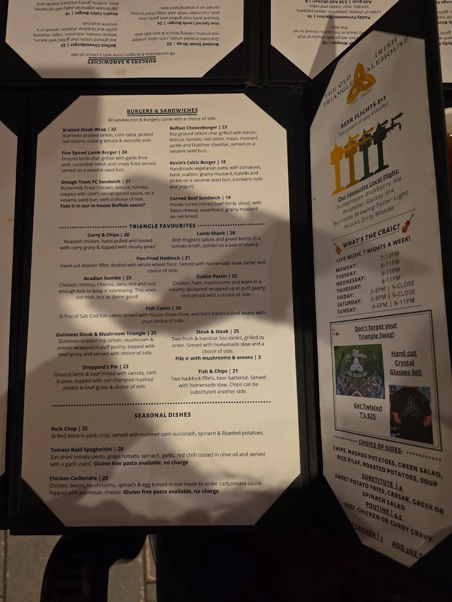 Menu, The Old Triangle Irish Alehouse