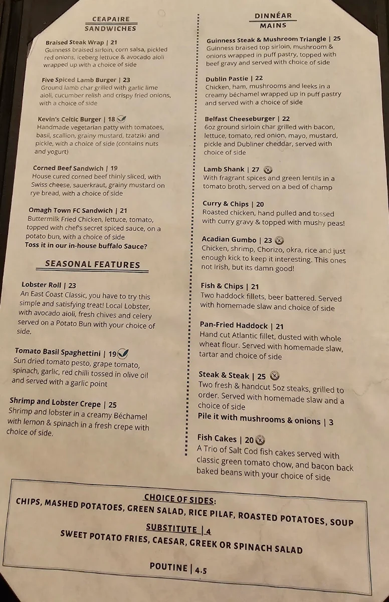 Menu, The Old Triangle Irish Alehouse
