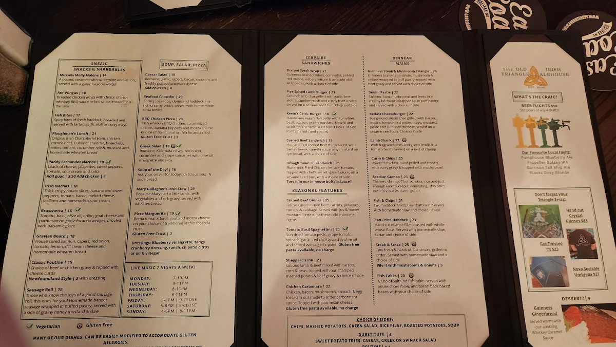 Menu, The Old Triangle Irish Alehouse