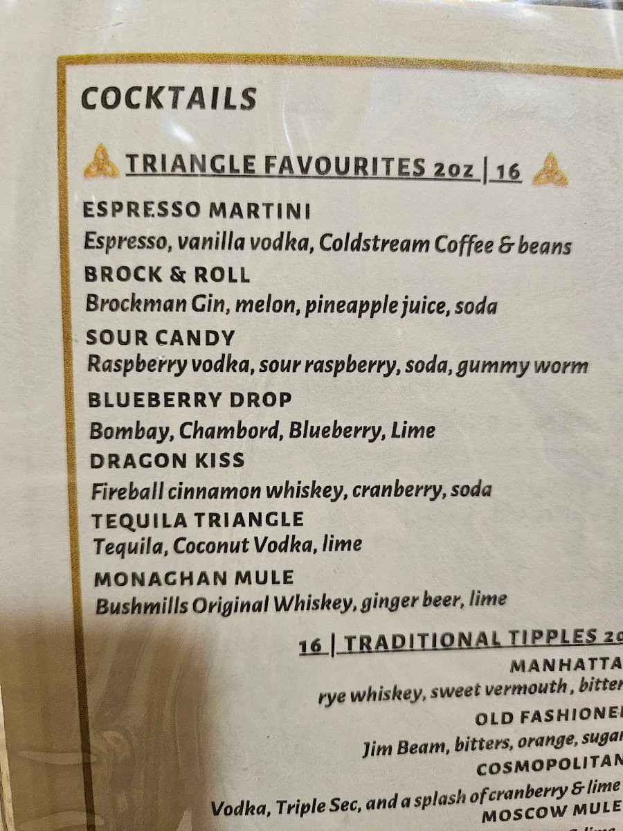 Menu, The Old Triangle Irish Alehouse