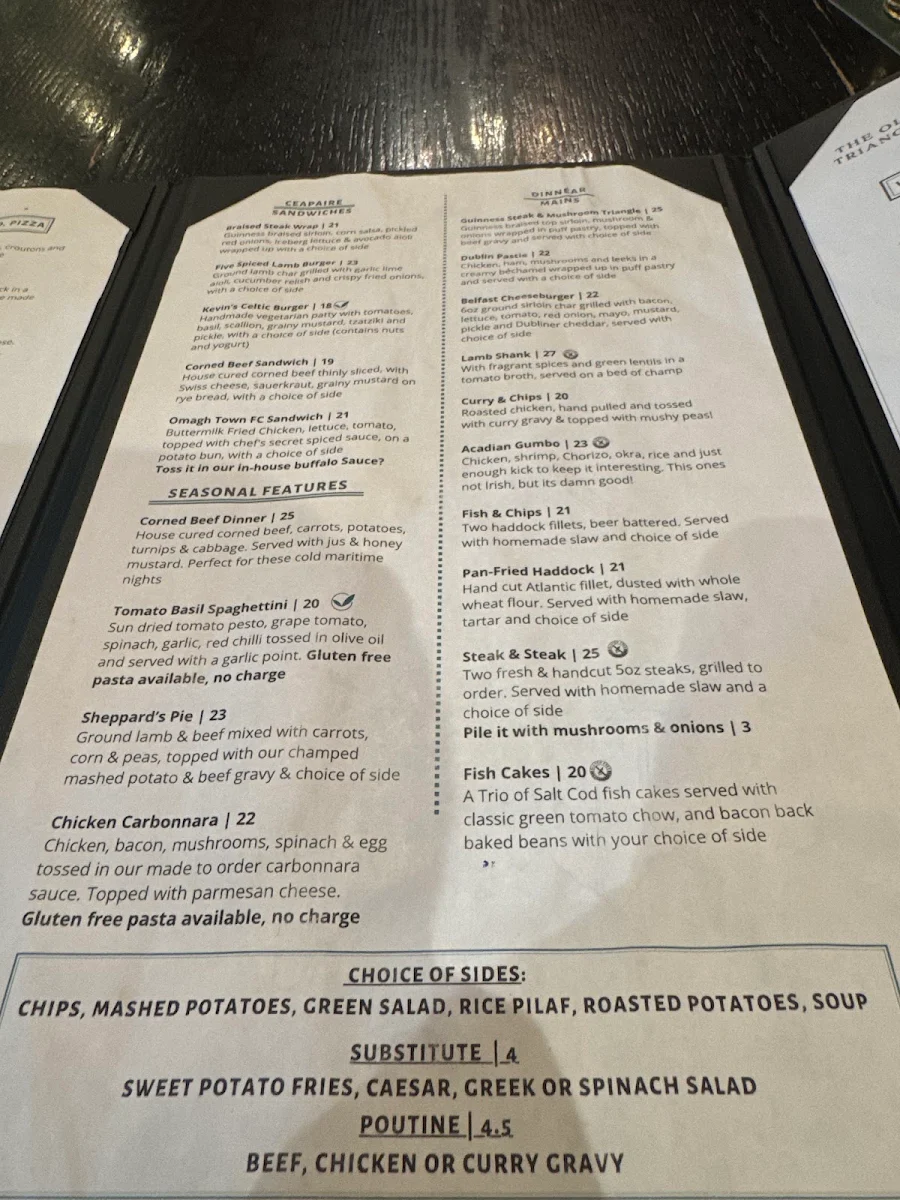 Menu, The Old Triangle Irish Alehouse
