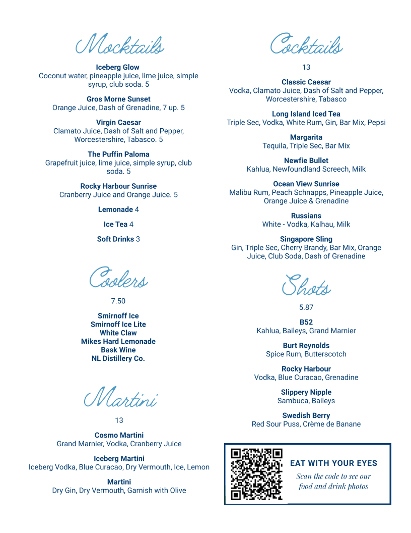 Menu, Anchor Pub