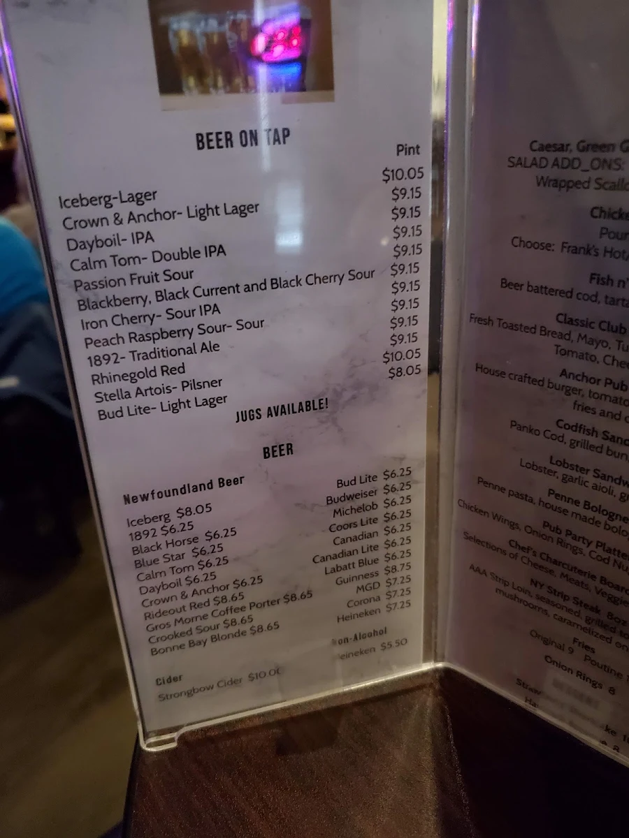 Menu, Anchor Pub