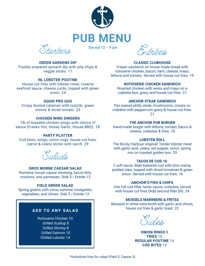Menu, Anchor Pub