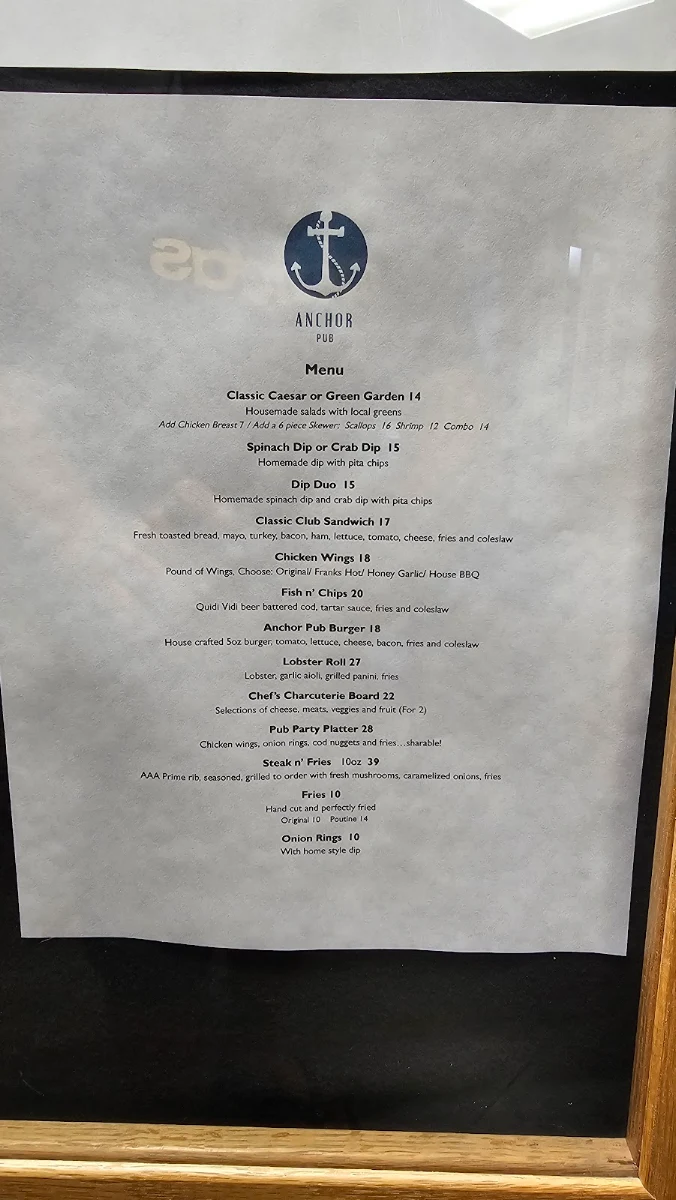 Menu, Anchor Pub