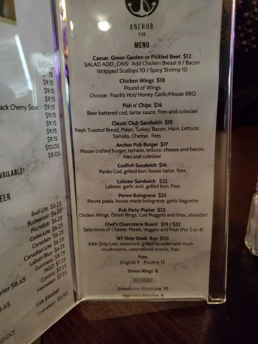 Menu, Anchor Pub