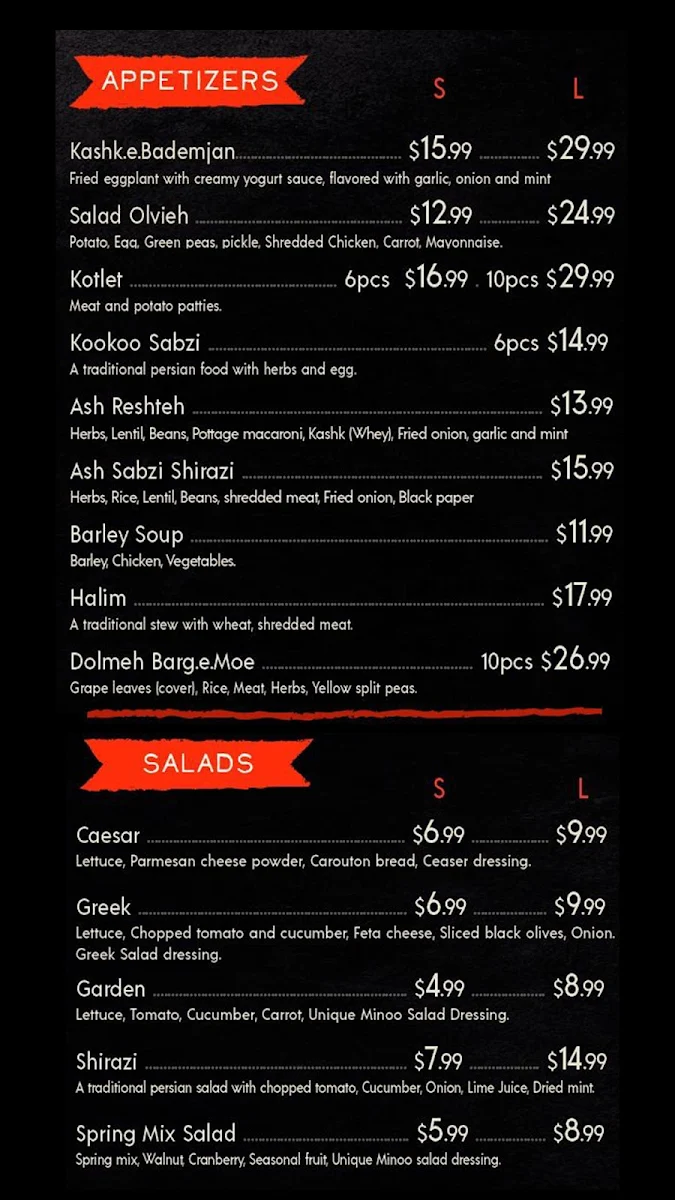 Menu, Minoo Catering