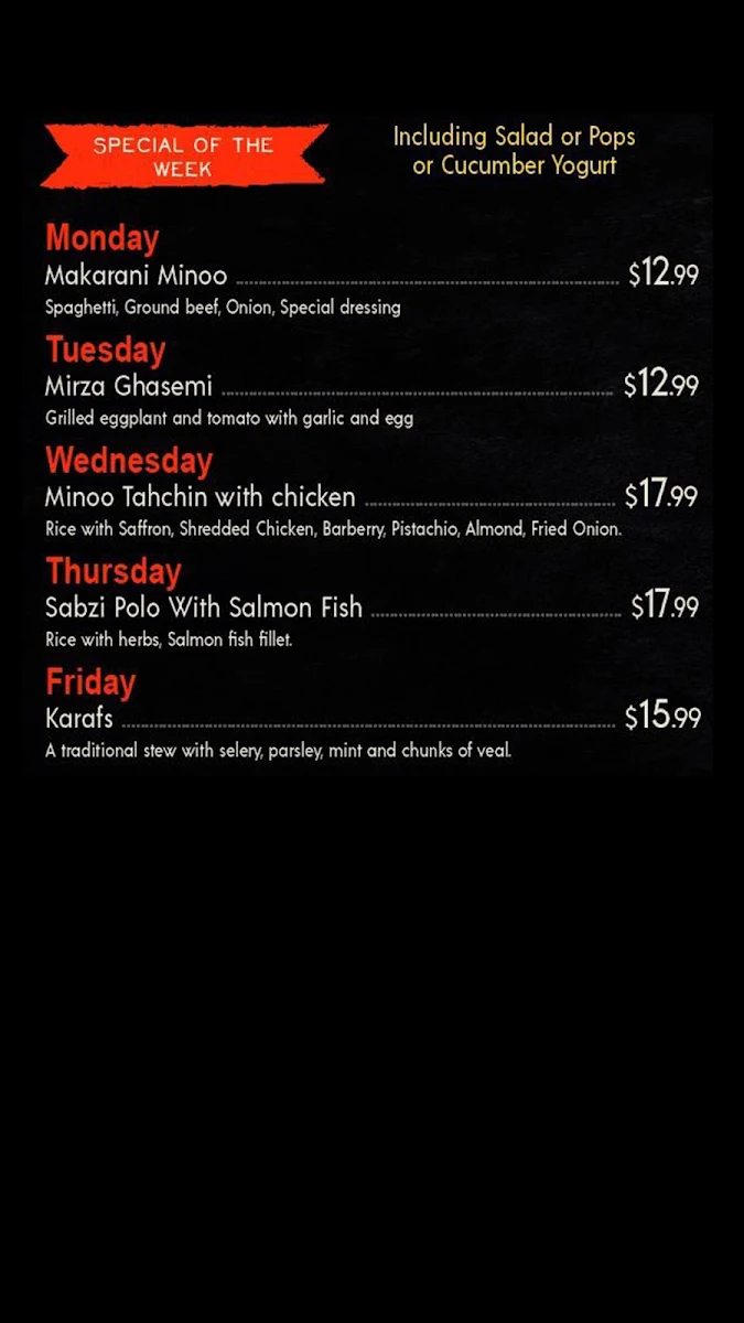Menu, Minoo Catering