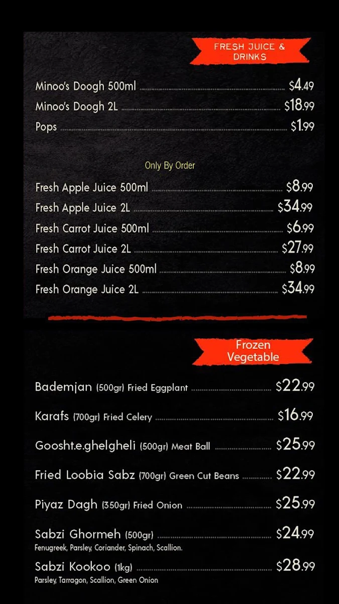 Menu, Minoo Catering