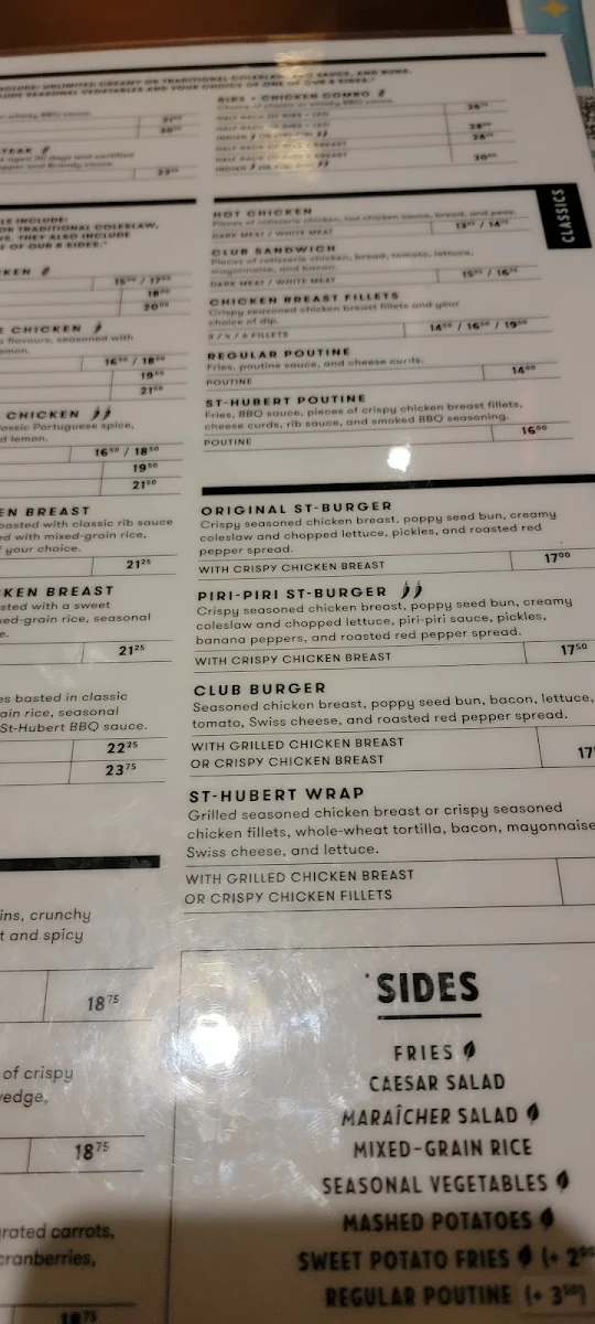 Menu, St-Hubert bar and restaurant