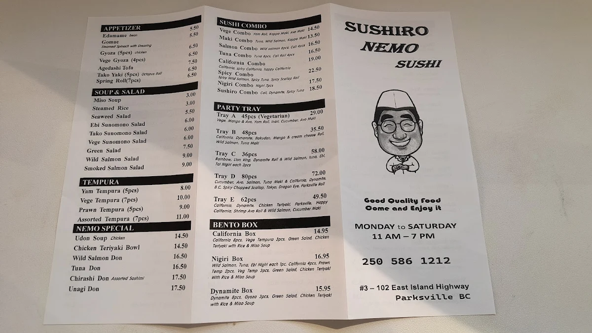 Menu, Sushiro Nemo Parksville