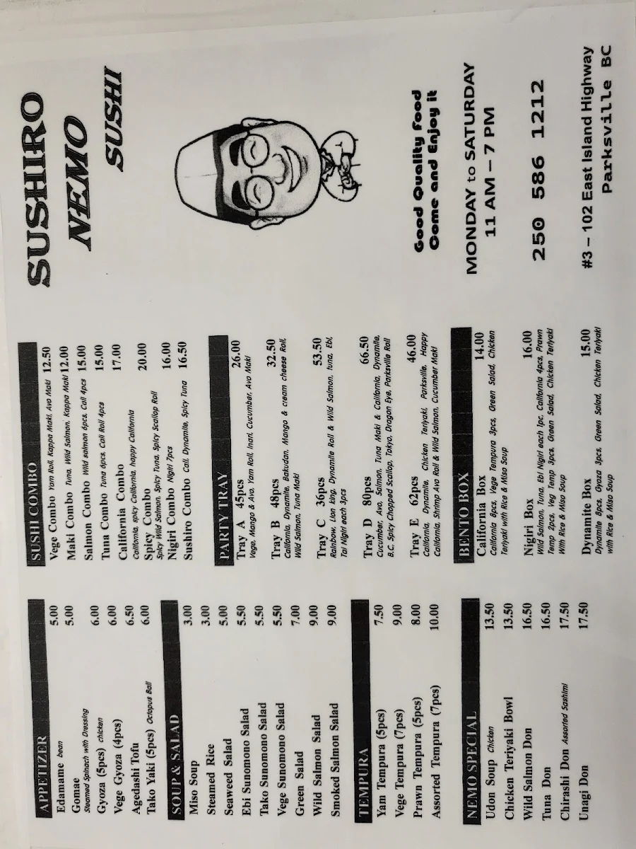 Menu, Sushiro Nemo Parksville