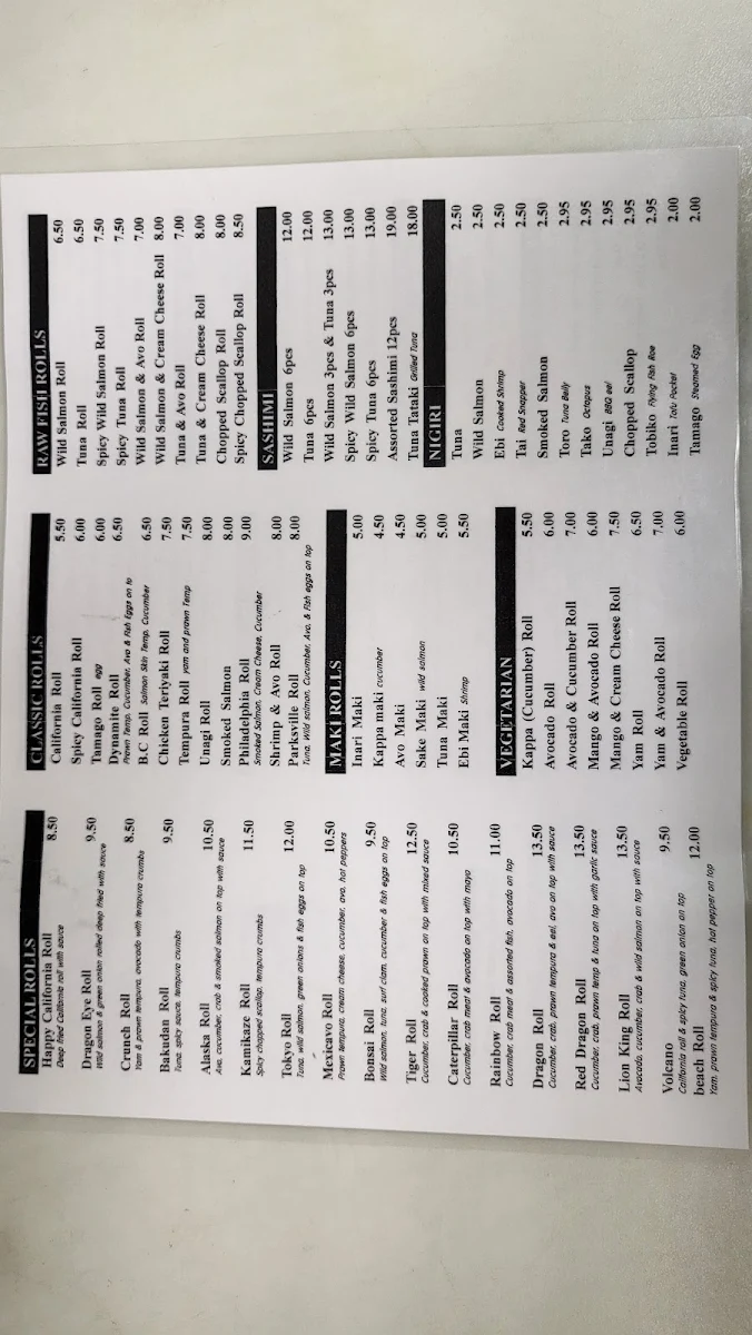 Menu, Sushiro Nemo Parksville