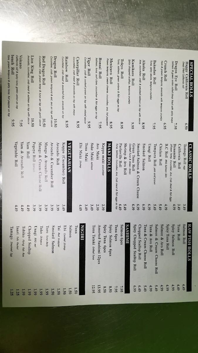 Menu, Sushiro Nemo Parksville