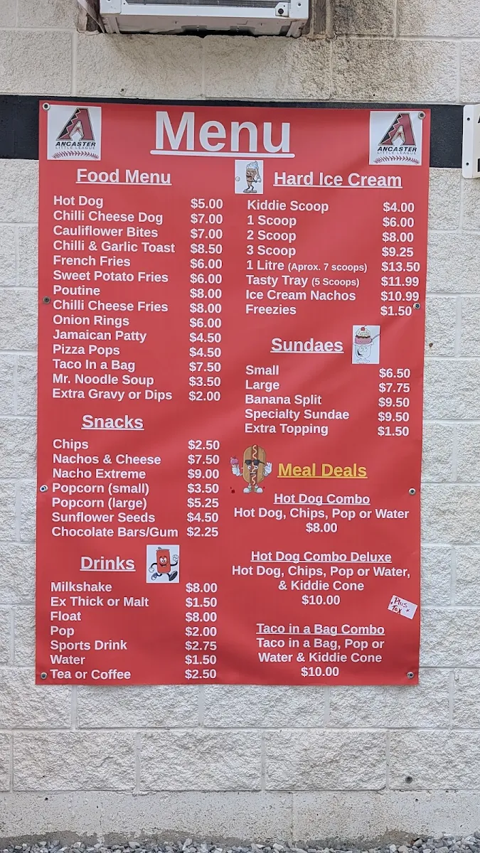 Menu, Ancaster Little League Snack Bar