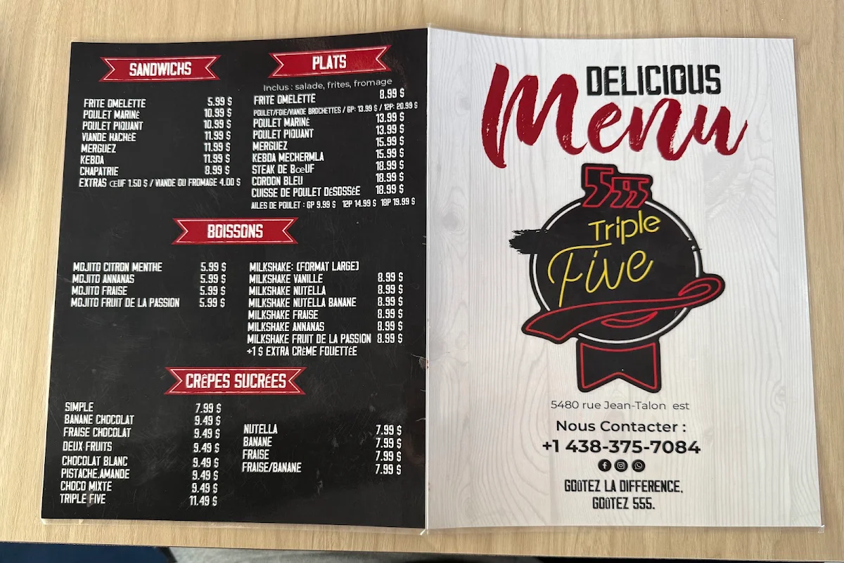Menu, Restaurant Triple Five