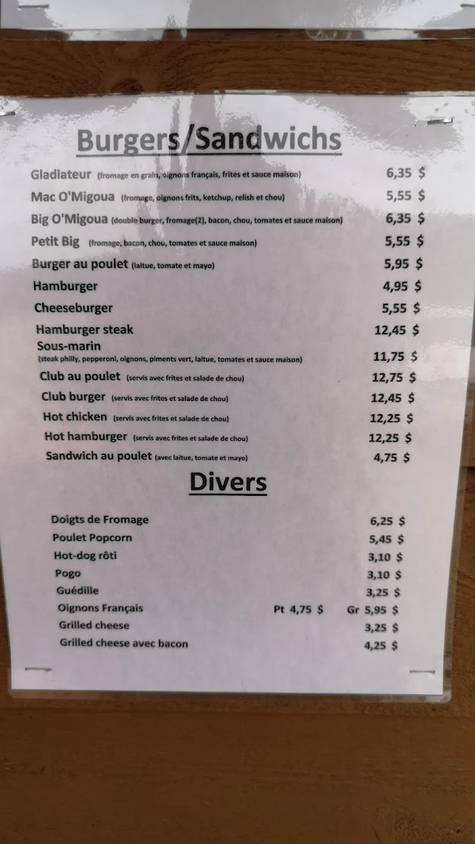 Menu, Casse-Croûte O'Migoua