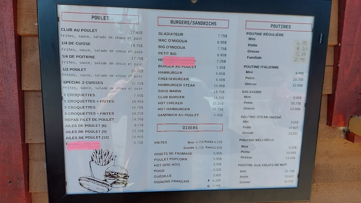 Menu, Casse-Croûte O'Migoua