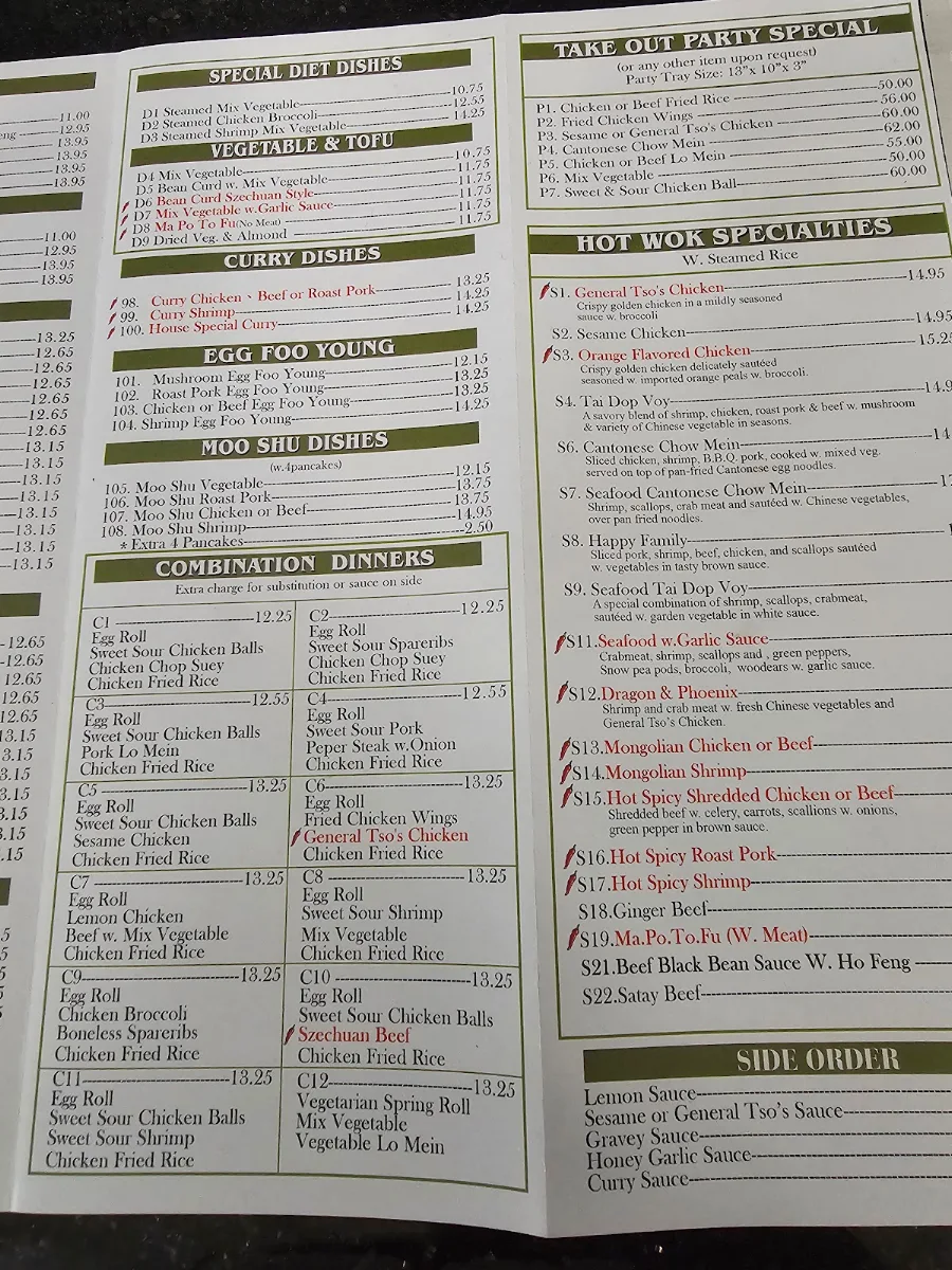 Menu, Hot Wok