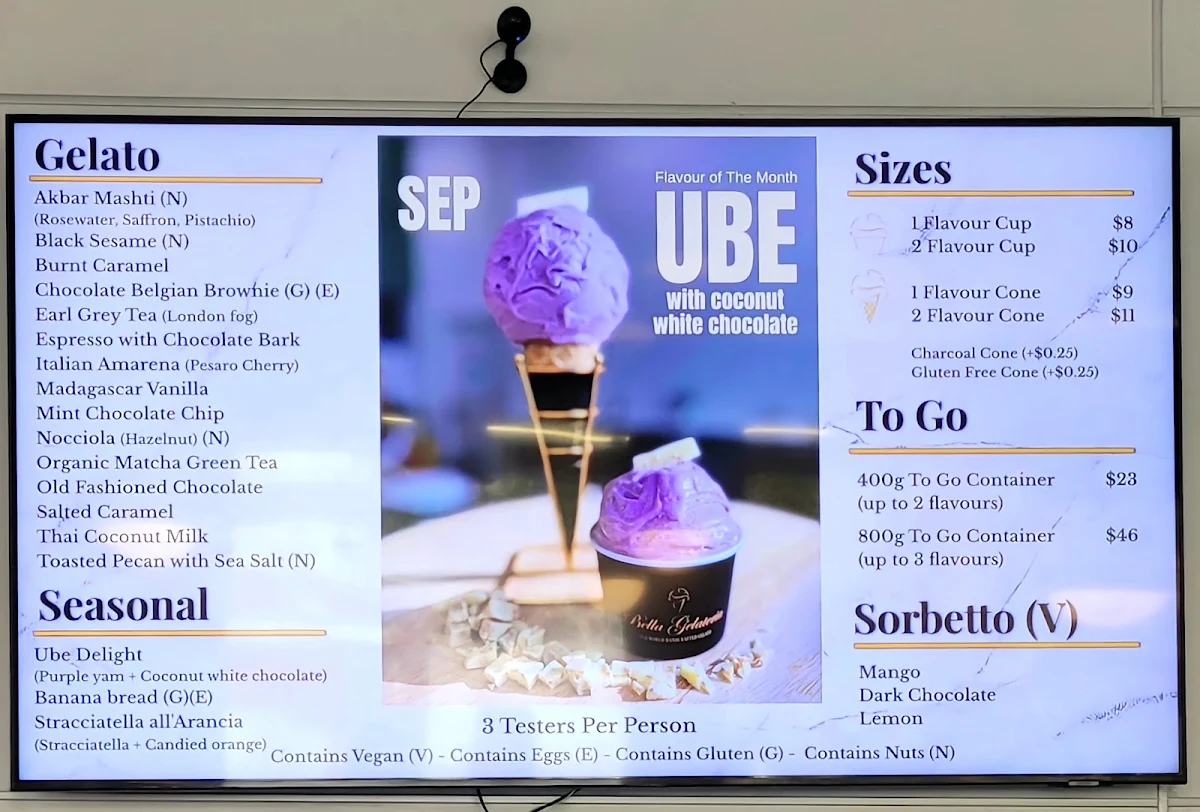 Menu, Bella Gelateria Gelato & Coffee