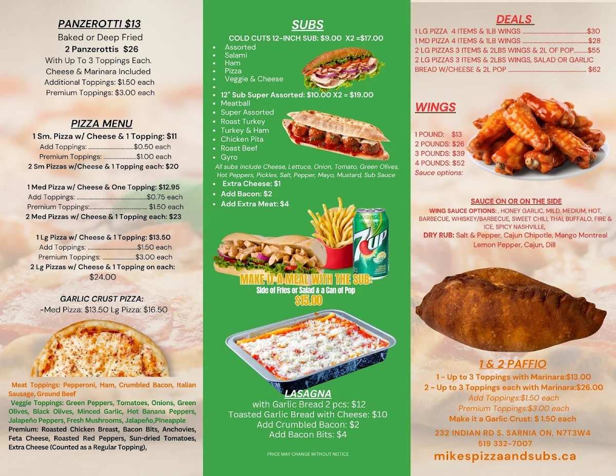 Menu, Mike's Pizza and Subs