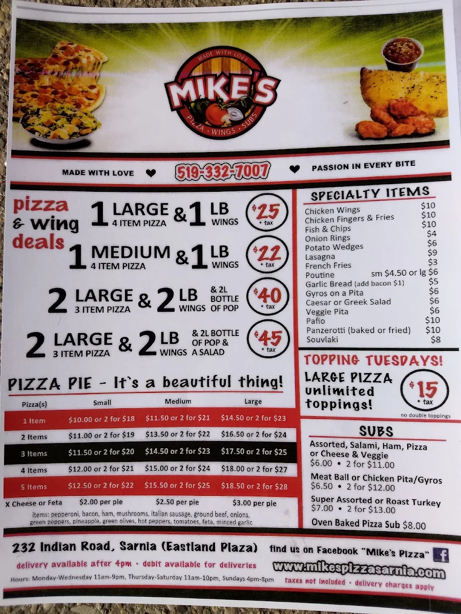 Menu, Mike's Pizza and Subs