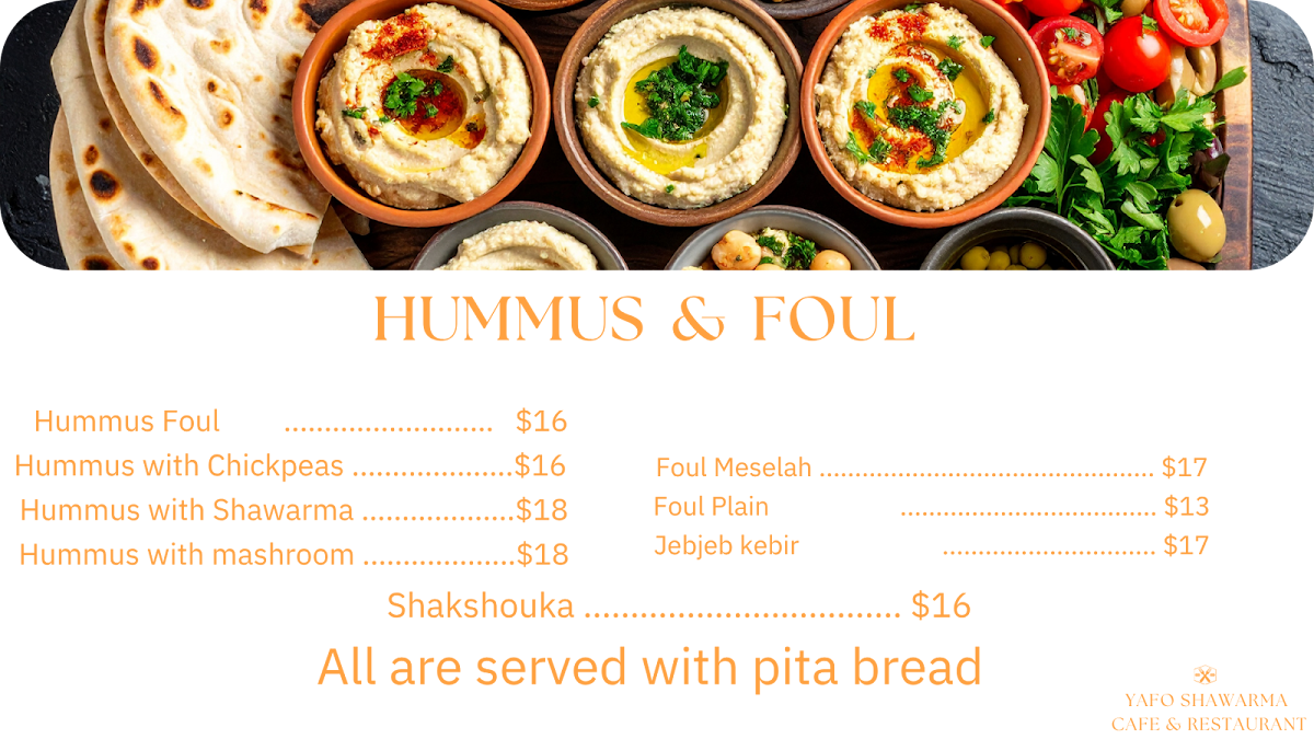 Menu, Yafo Shawarma Cafe
