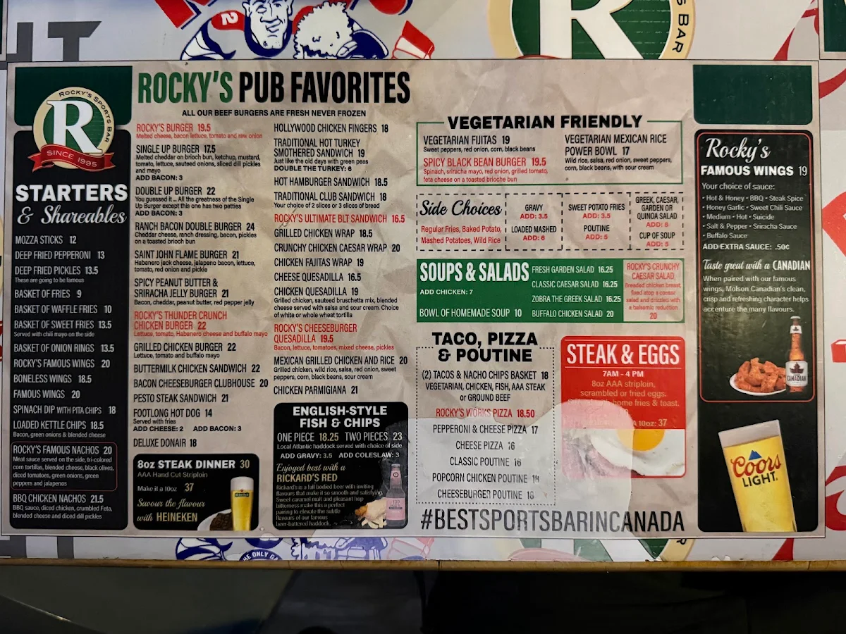 Menu, Rocky's Sports Bar