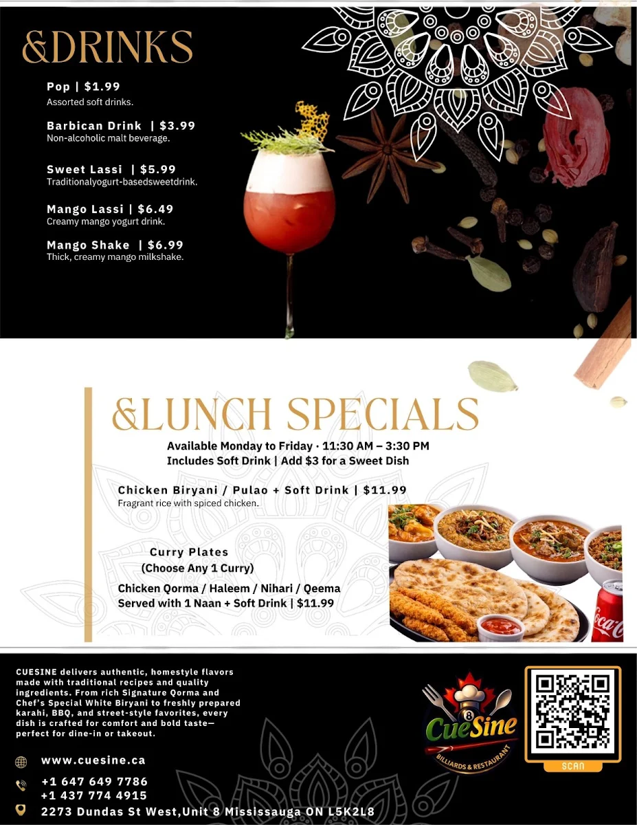 Menu, CueSine Billiards & Restaurant