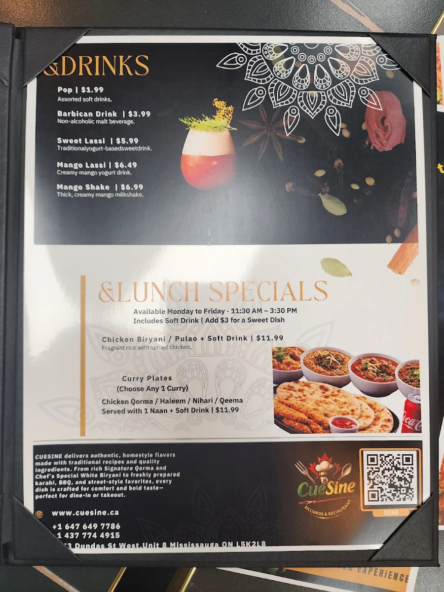Menu, CueSine Billiards & Restaurant