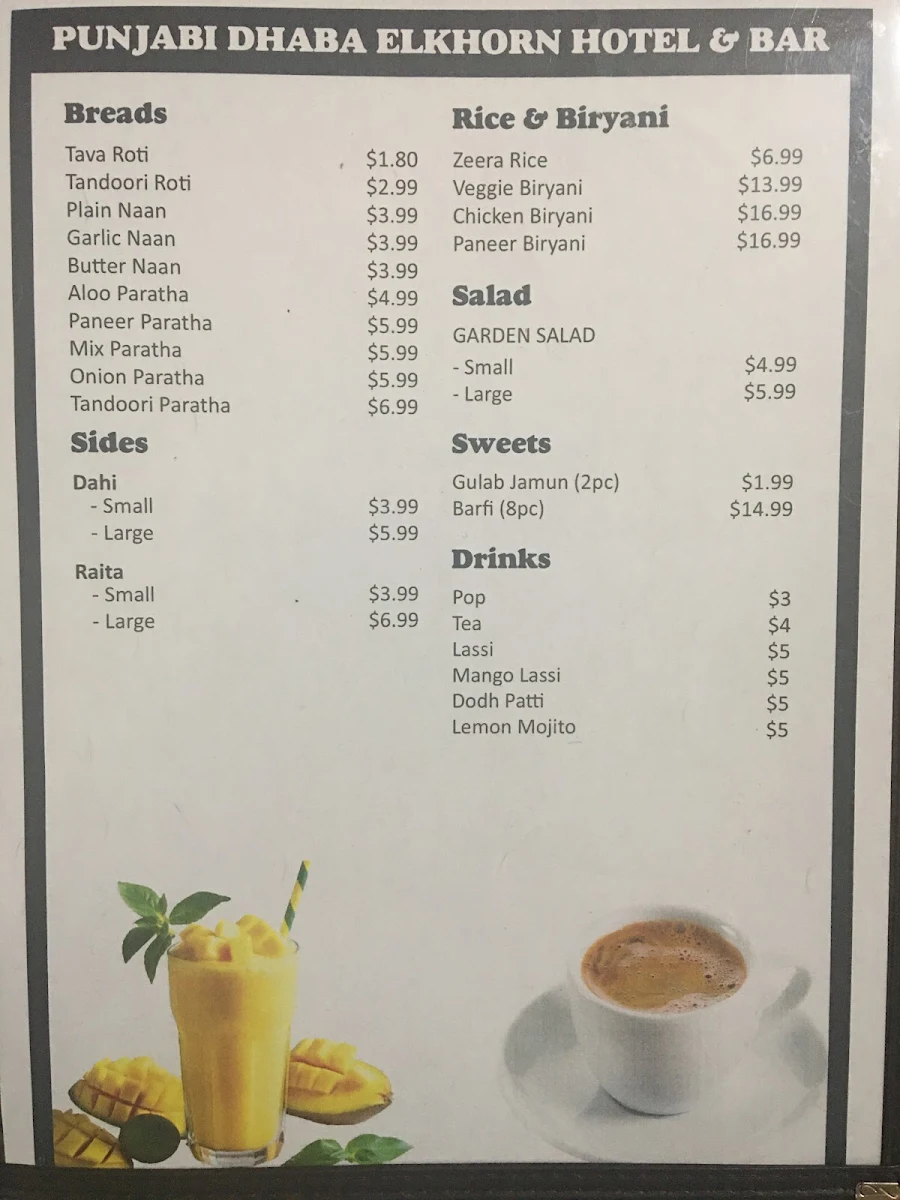 Menu, Punjabi Dhaba Elkhorn restaurant and bar