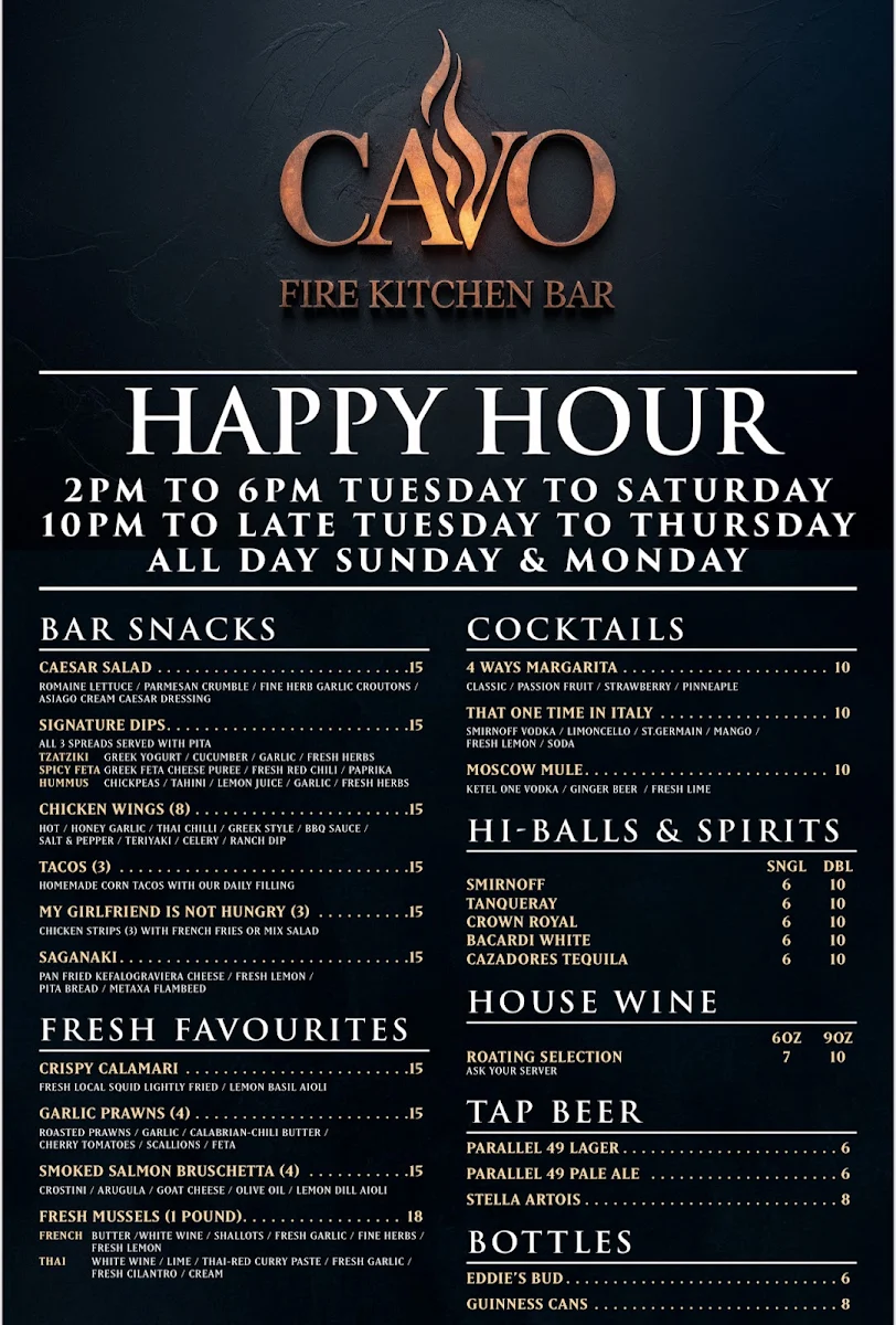 Menu, Cavo Bar+Kitchen
