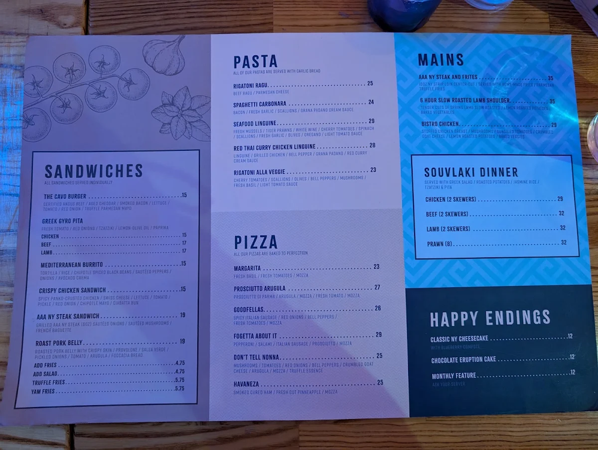 Menu, Cavo Bar+Kitchen