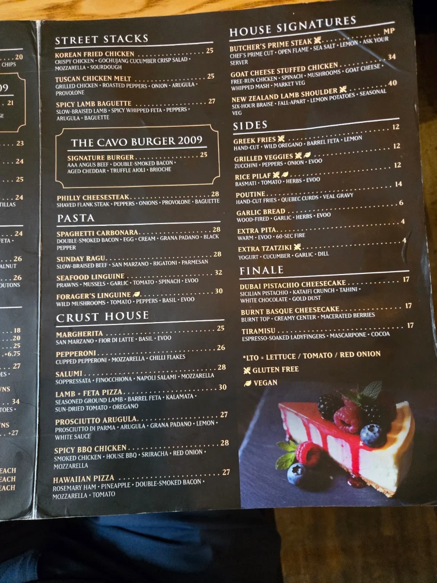 Menu, Cavo Bar+Kitchen