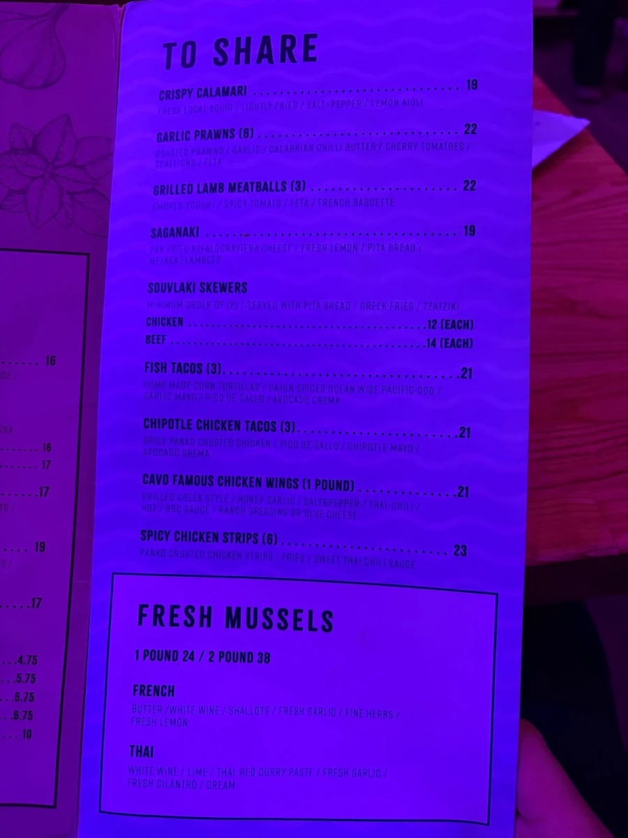 Menu, Cavo Bar+Kitchen