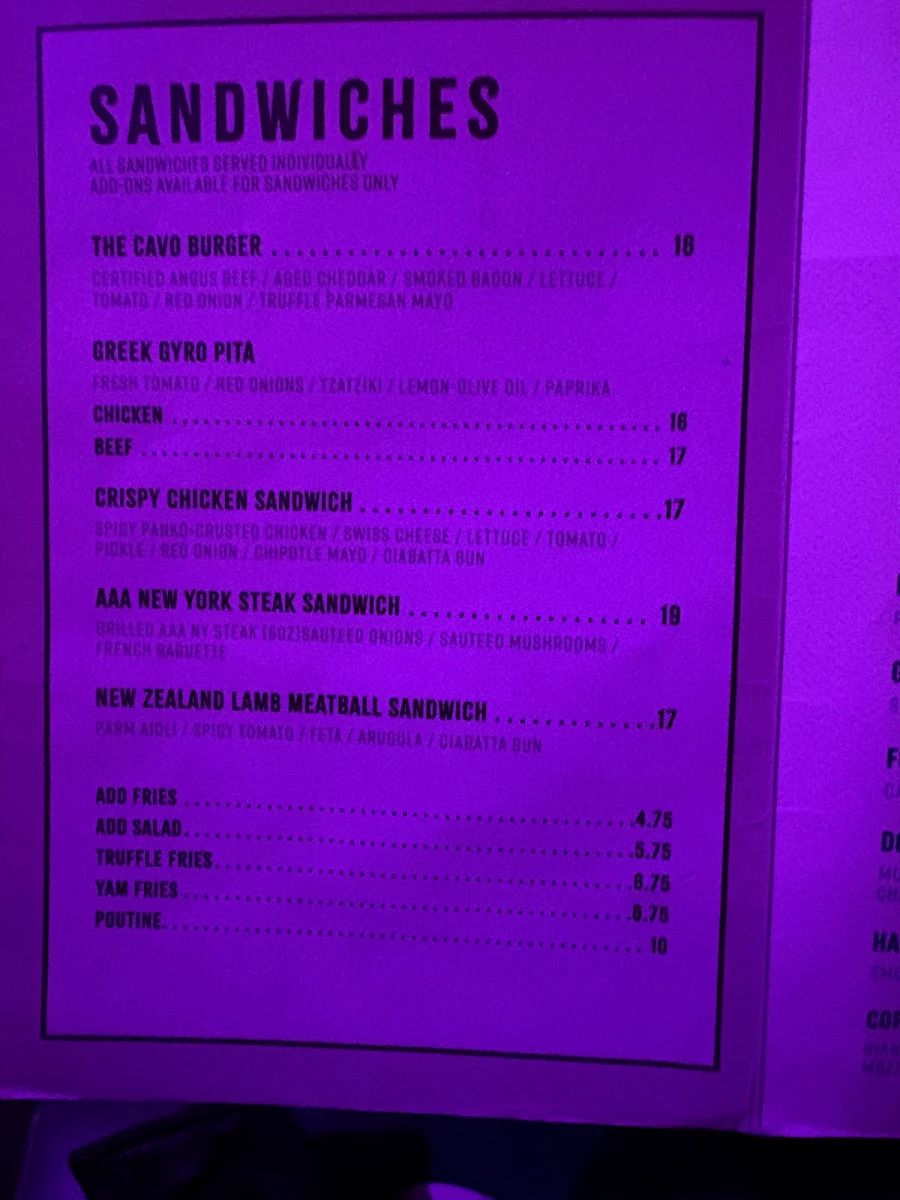 Menu, Cavo Bar+Kitchen
