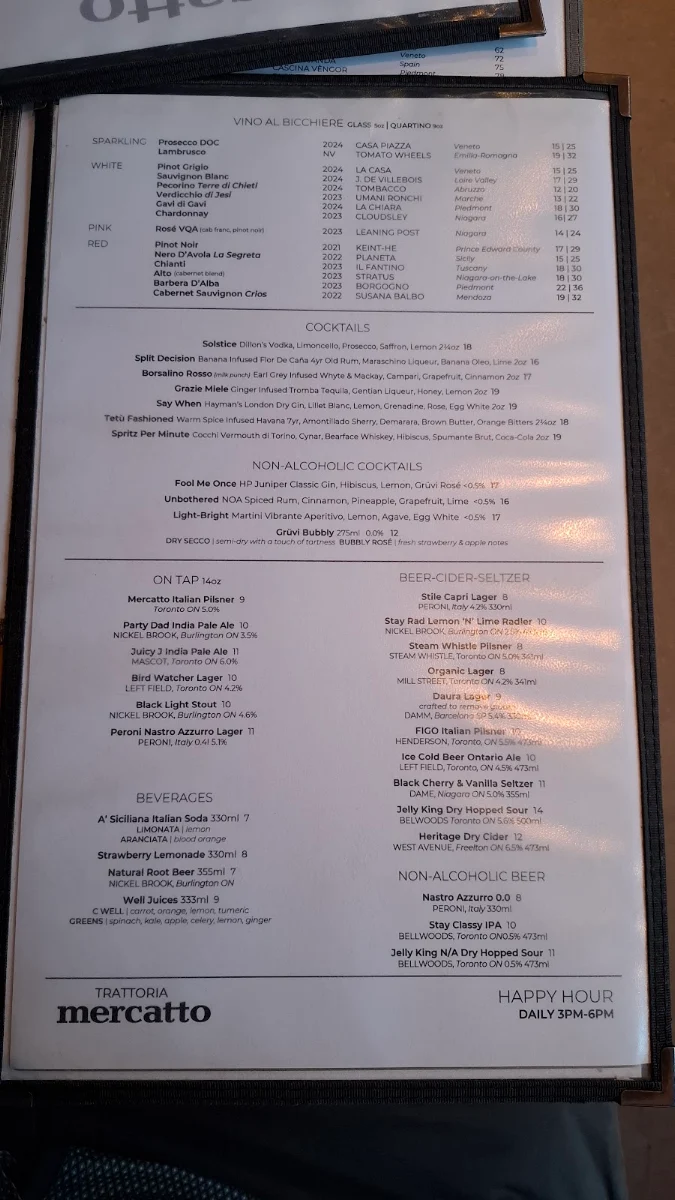Menu, Trattoria Mercatto