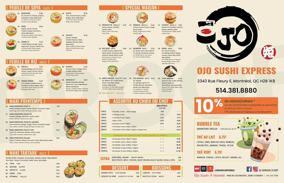 Menu, Ojo Sushi Express