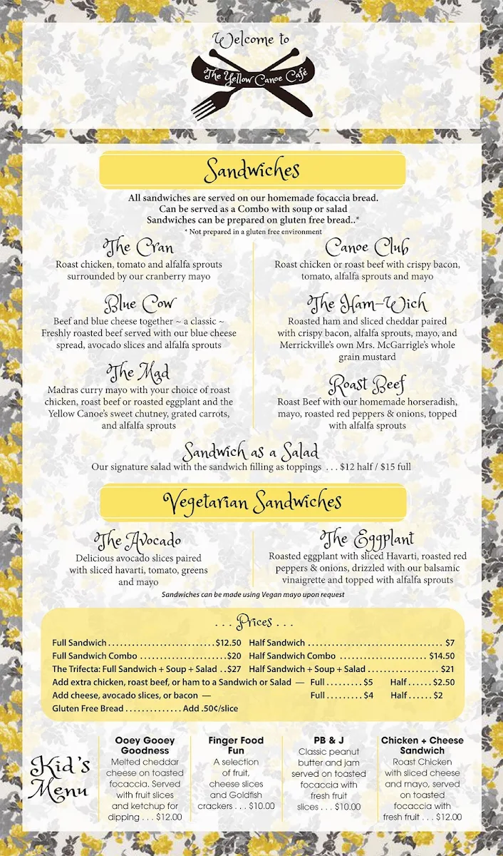Menu, Yellow Canoe Cafe