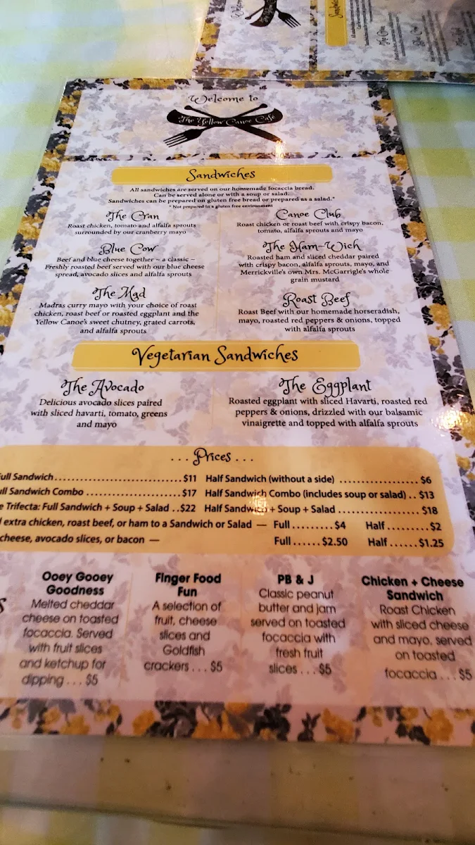 Menu, Yellow Canoe Cafe