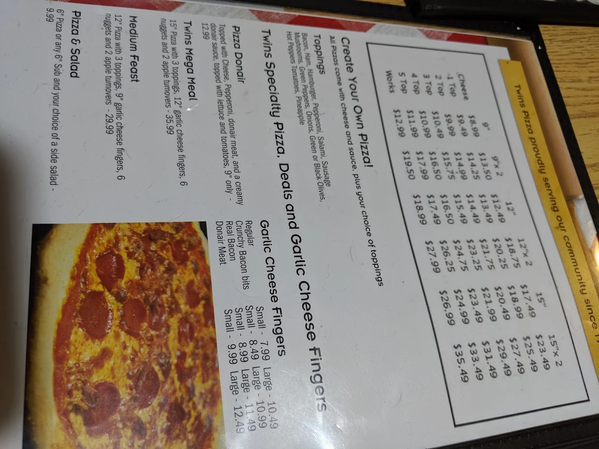 Menu, Twins Pizza/Kaboodles