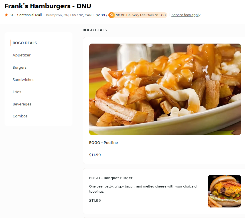 Menu, Franks hamburger